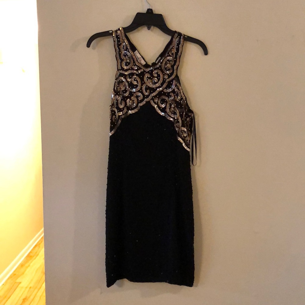 Laurence Kazar Black beaded cocktail dress L